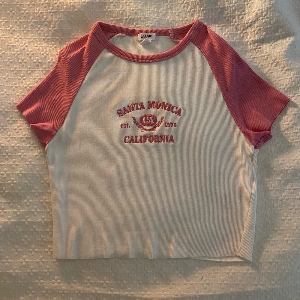 Garage White and Pink Santa Monica California Crop Top